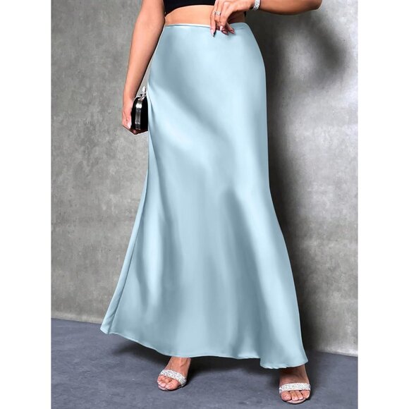 Elegant Satin Maxi Skirt for Women High Waisted Baby Blue Silk Fall Dressy Casul - Picture 5 of 7